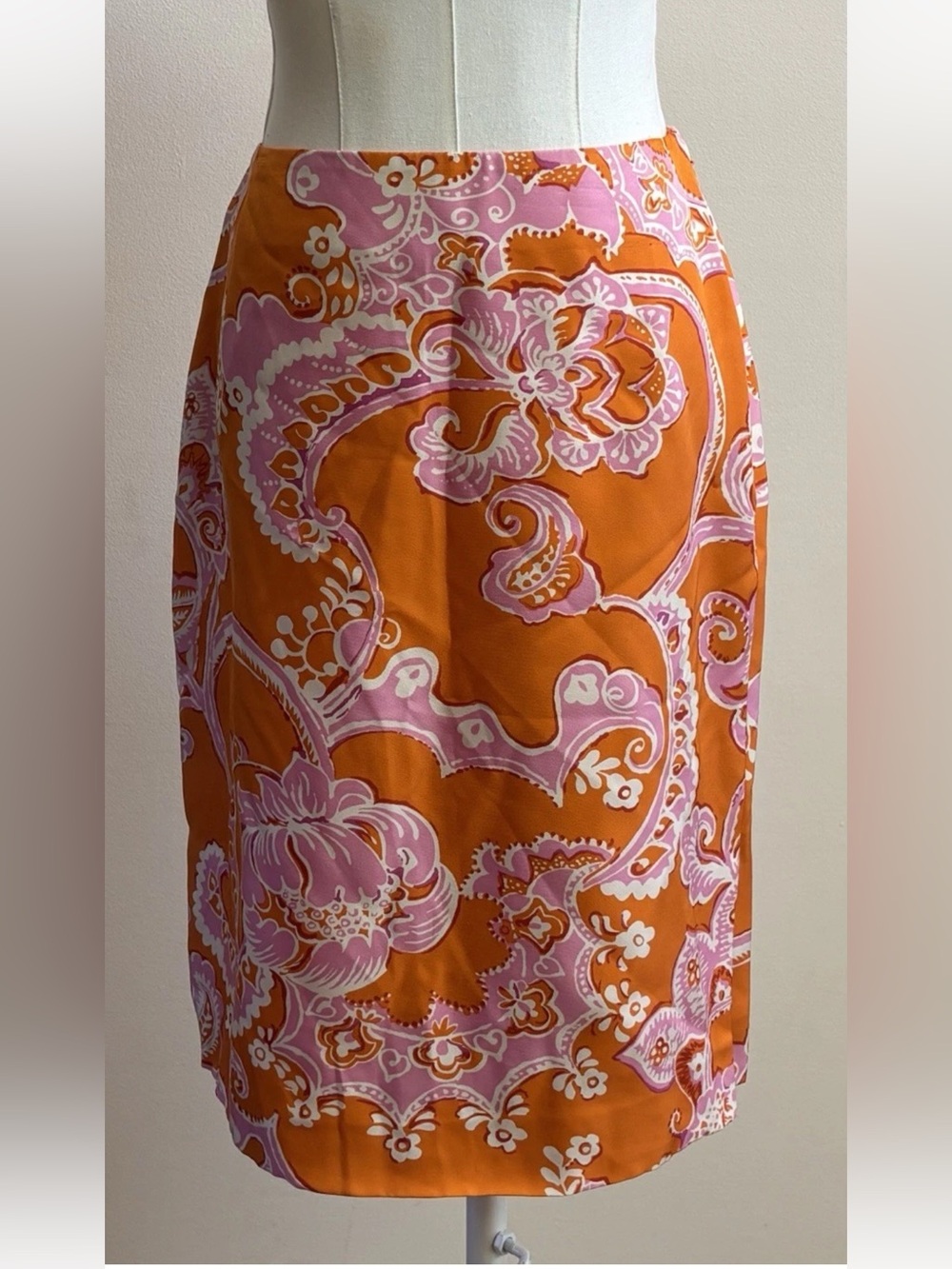 Ann Taylor 100% Silk Paisley Pencil Skirt Orange Pink Size 2